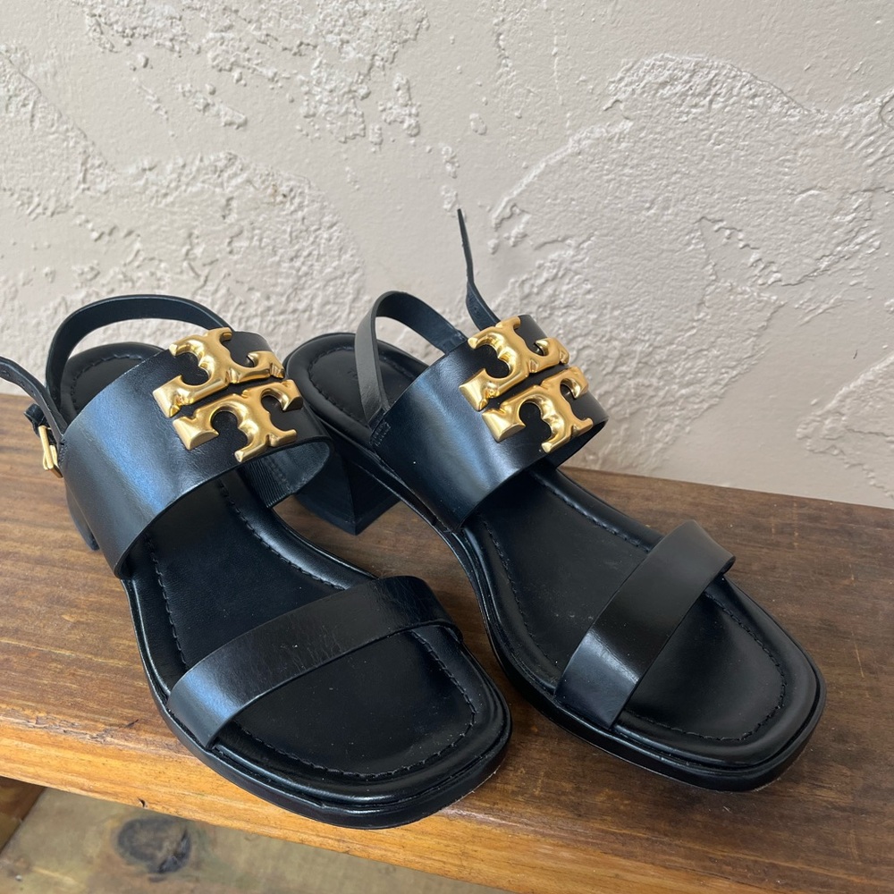 Tory Burch Eleanor Black Sandals with Gold Details